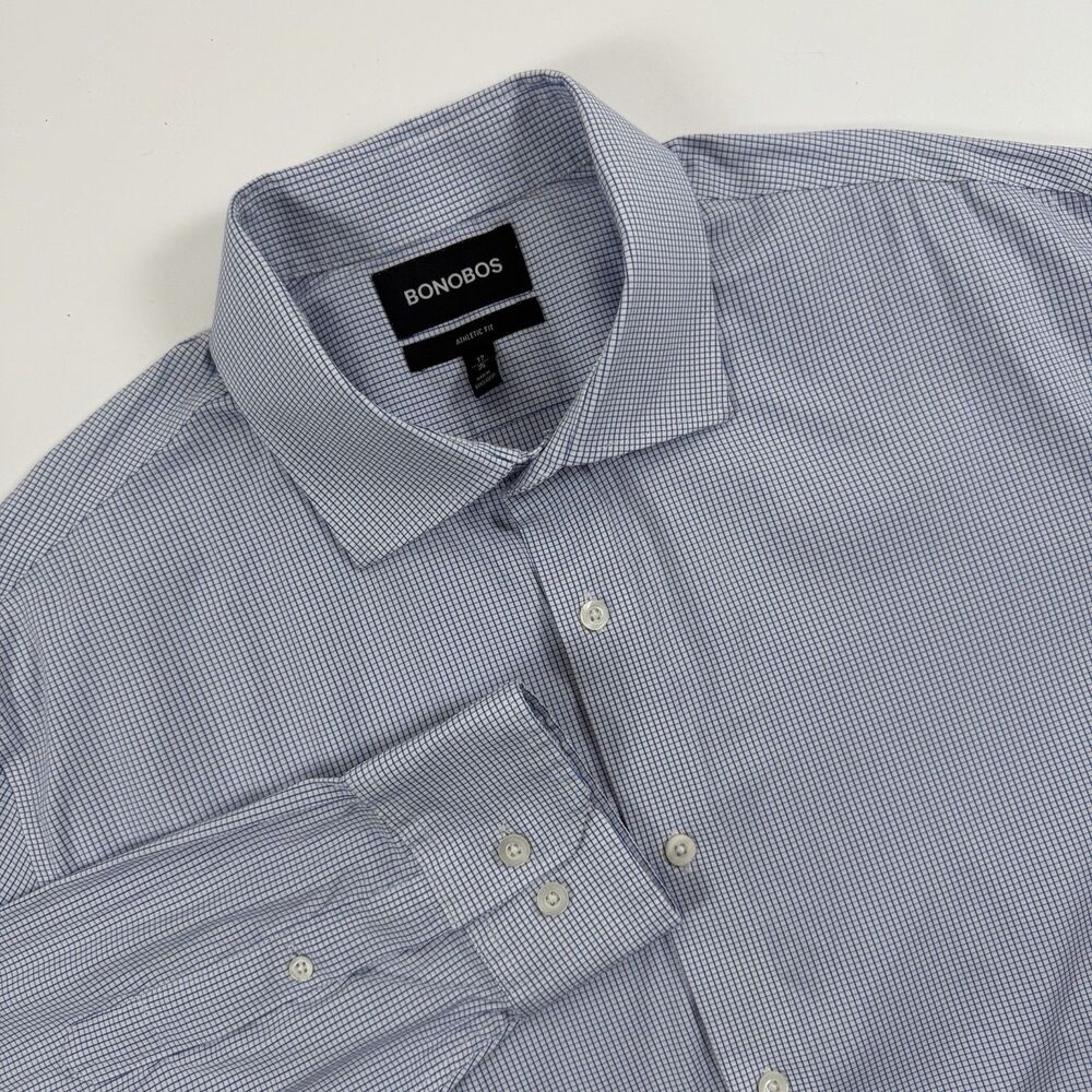 Bonobos Athletic Fit Stretch Dress Shirt 17 35 Blue White Check Long Sleeve
